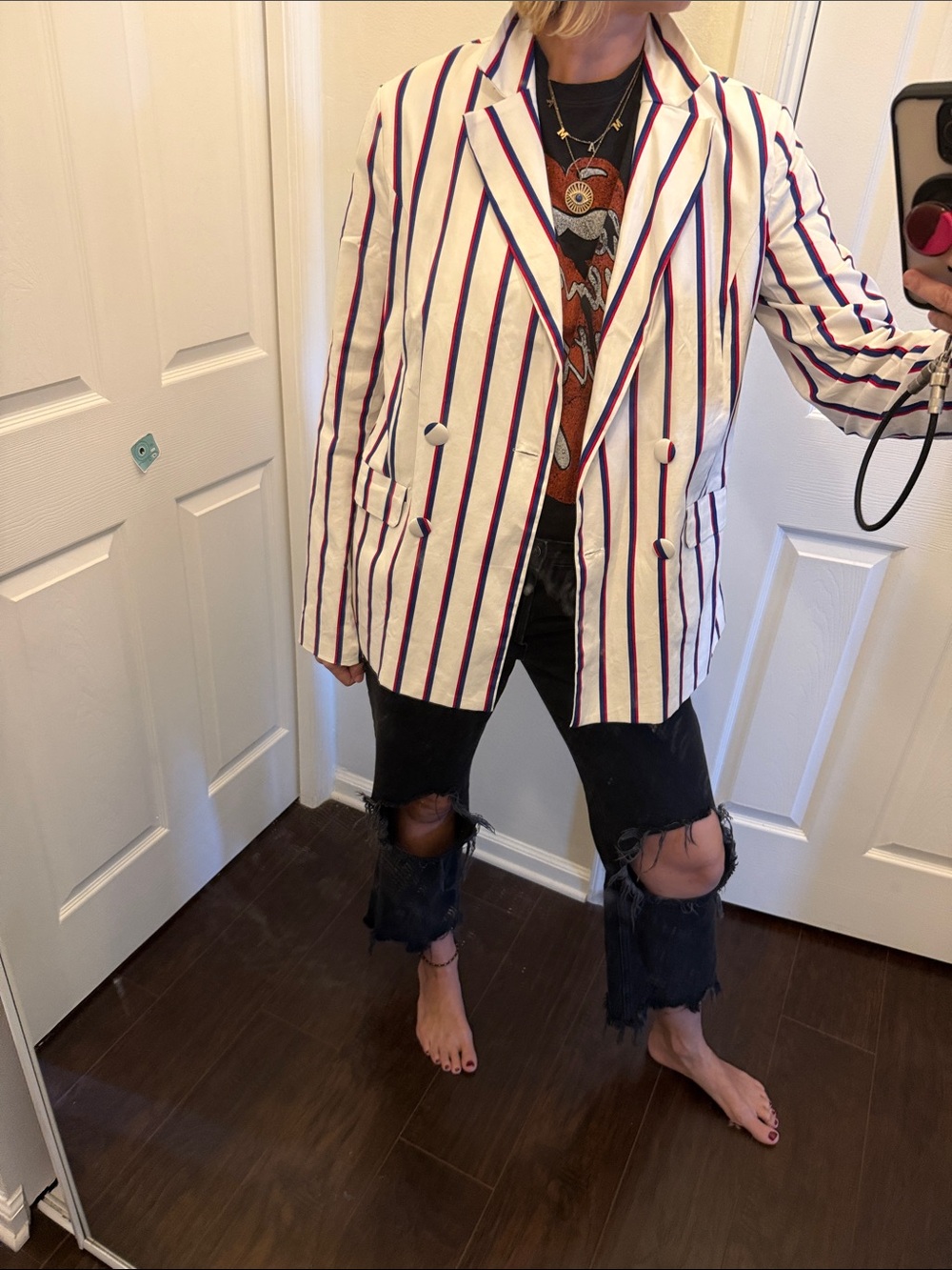 English Factory White Blazer with Red & Navy Pinstripes